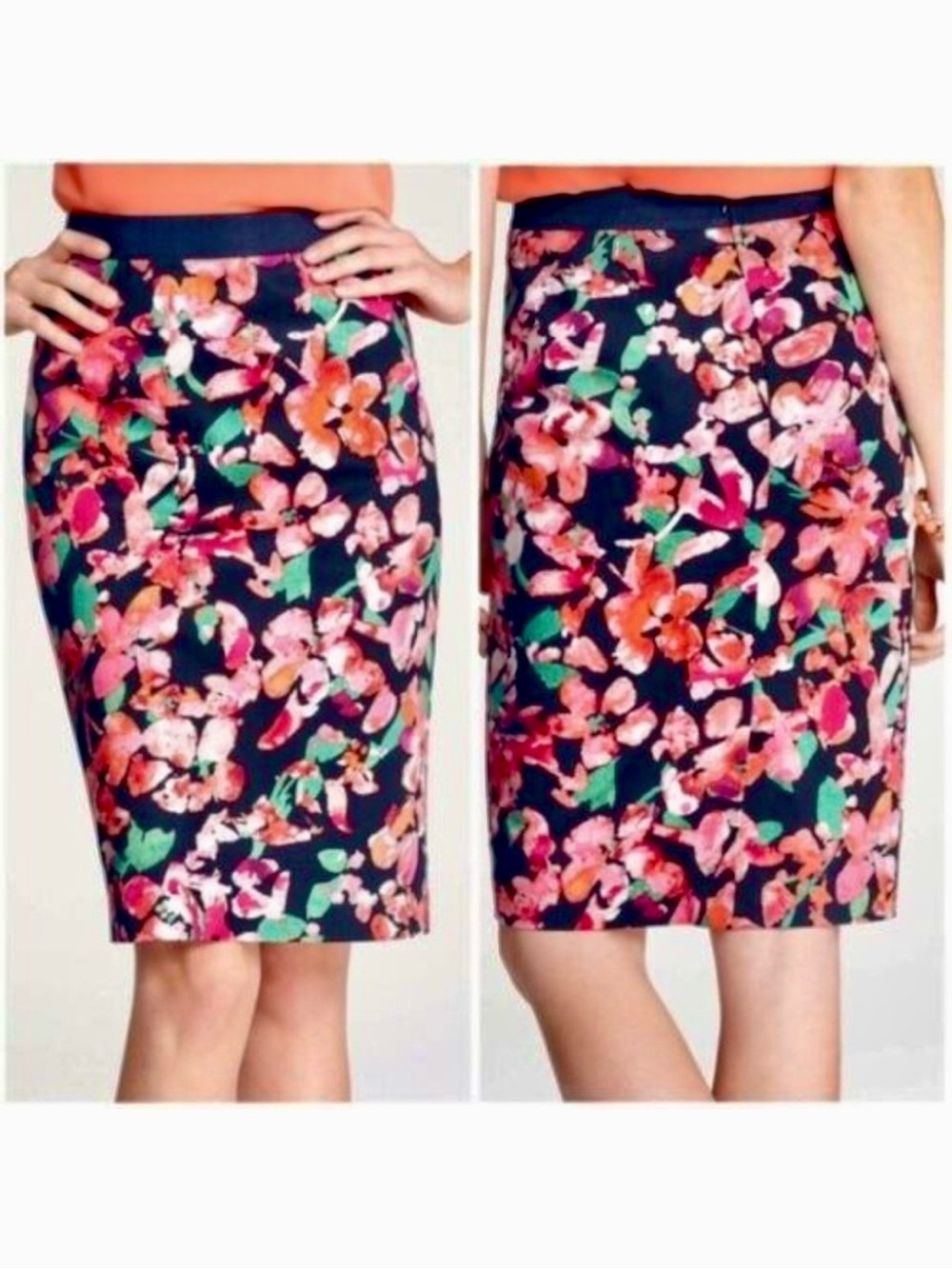 Ann Taylor Floral Pencil Skirt in Black Pink & Orange Floral